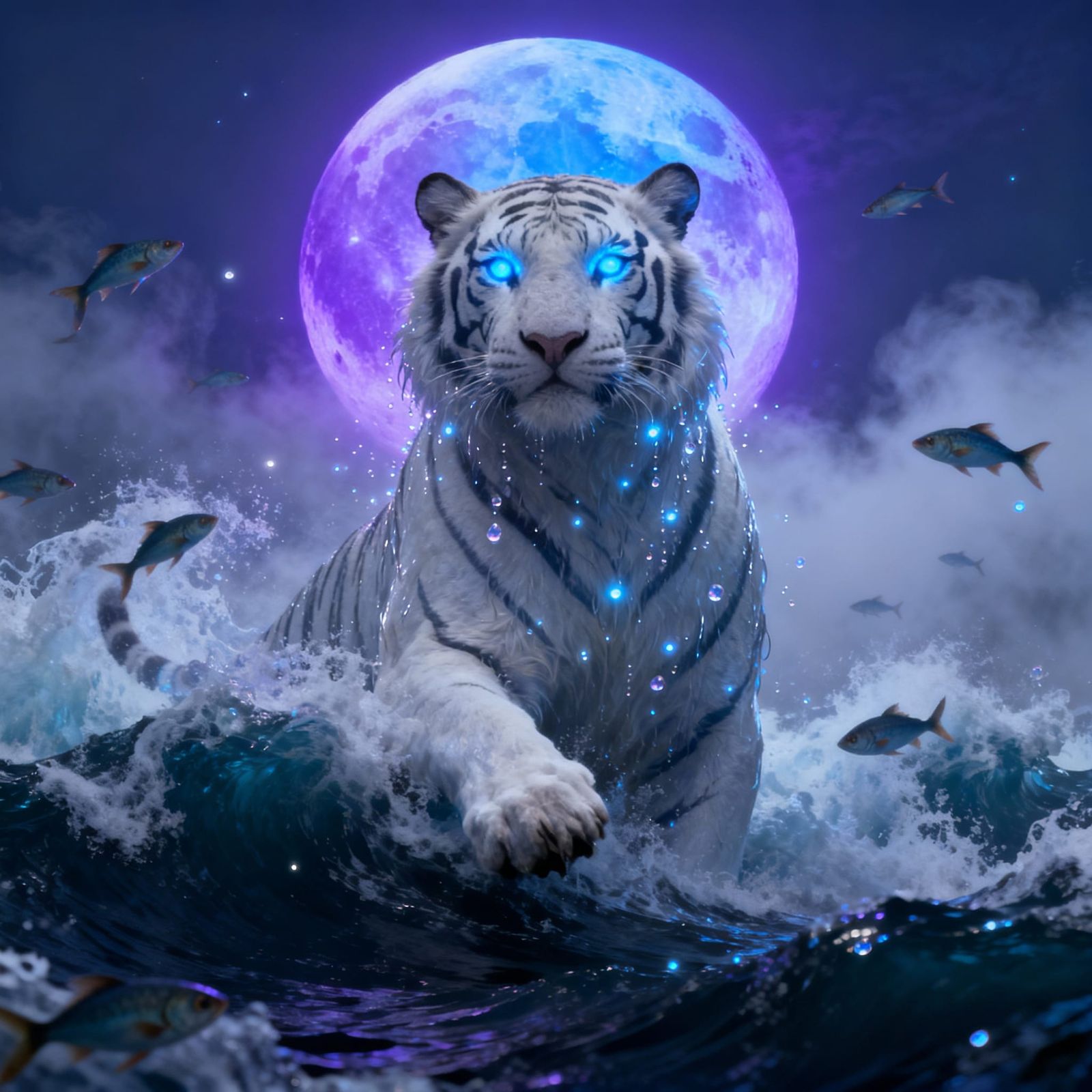 Colossal White Tiger Rises From Ocean Under Moon