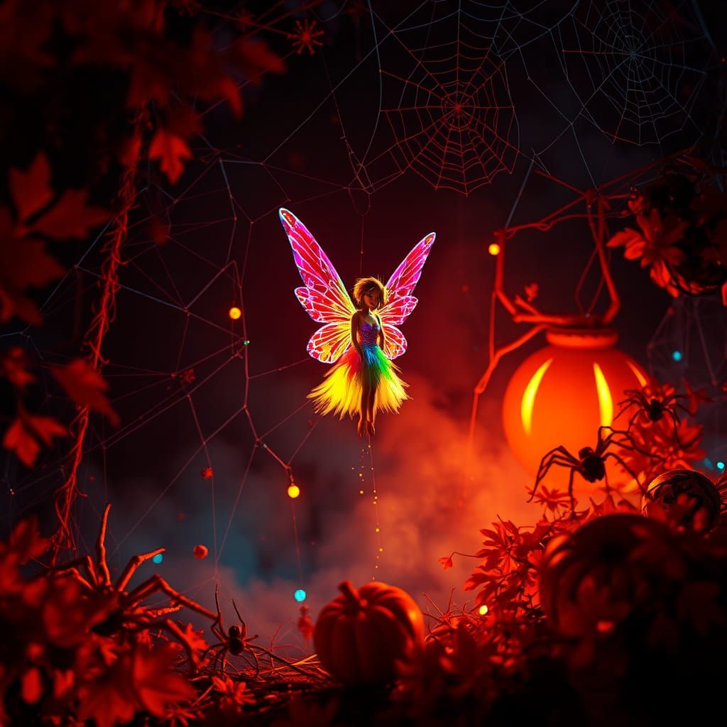 Rainbow Fairy in Surreal Autumn Halloween Night