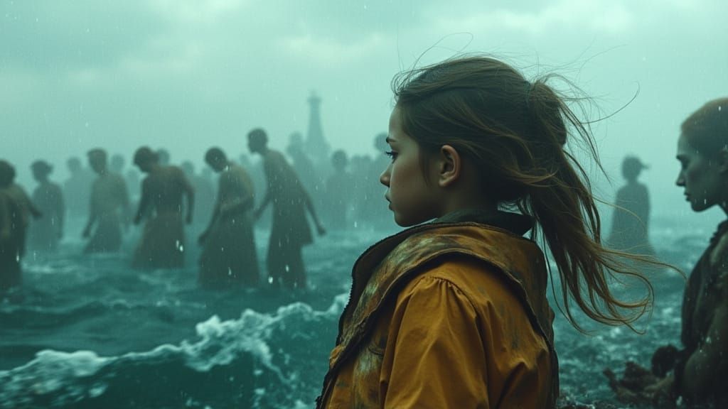 Girl Gazing at Turbulent Sea with Zombies