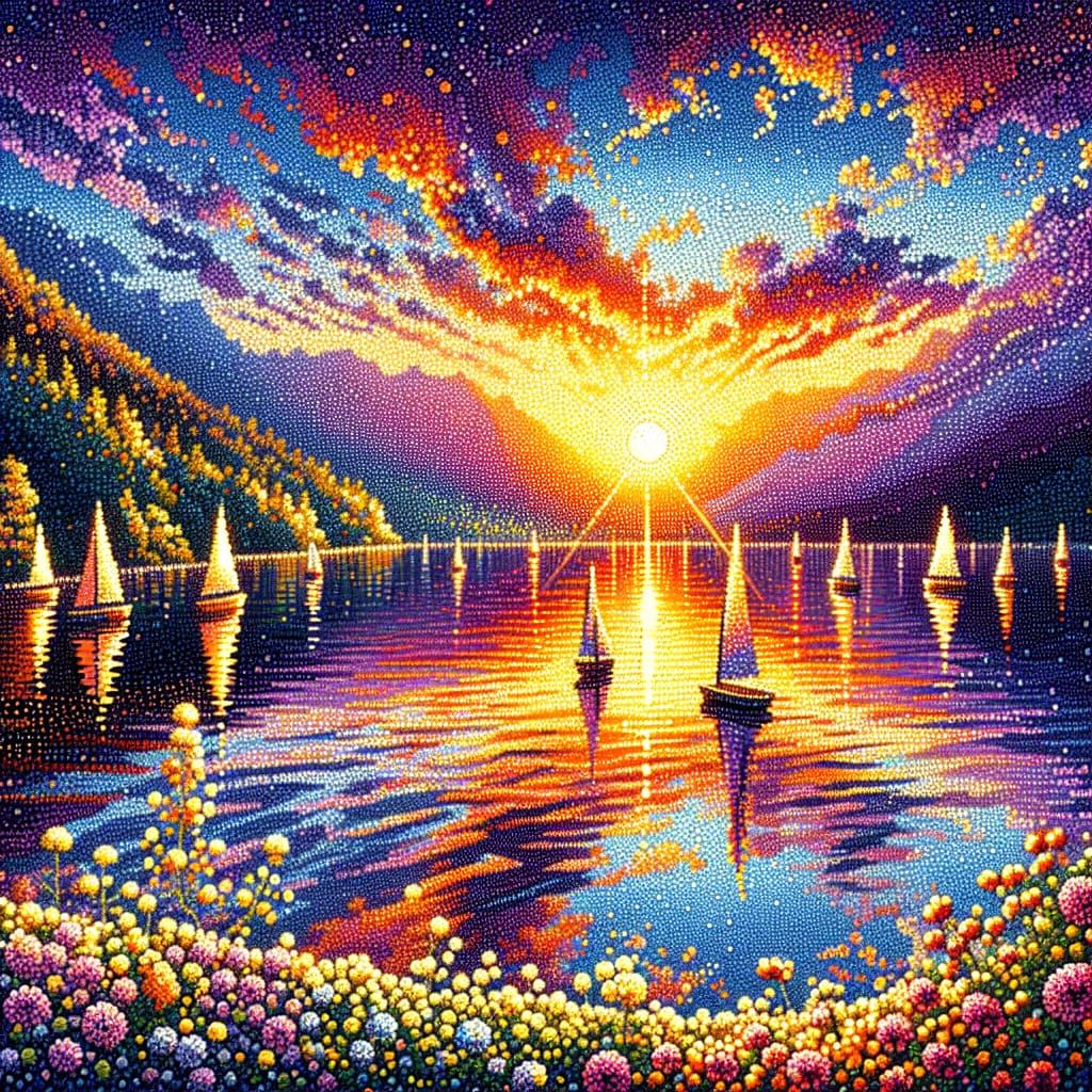 Pointillist Sunset Lakeside Scene with Sailboats