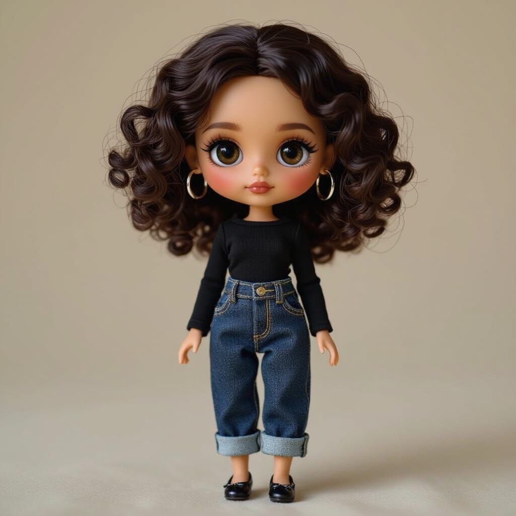 Mini Blythe Doll Portrait with Olive Skin and Curly Hair