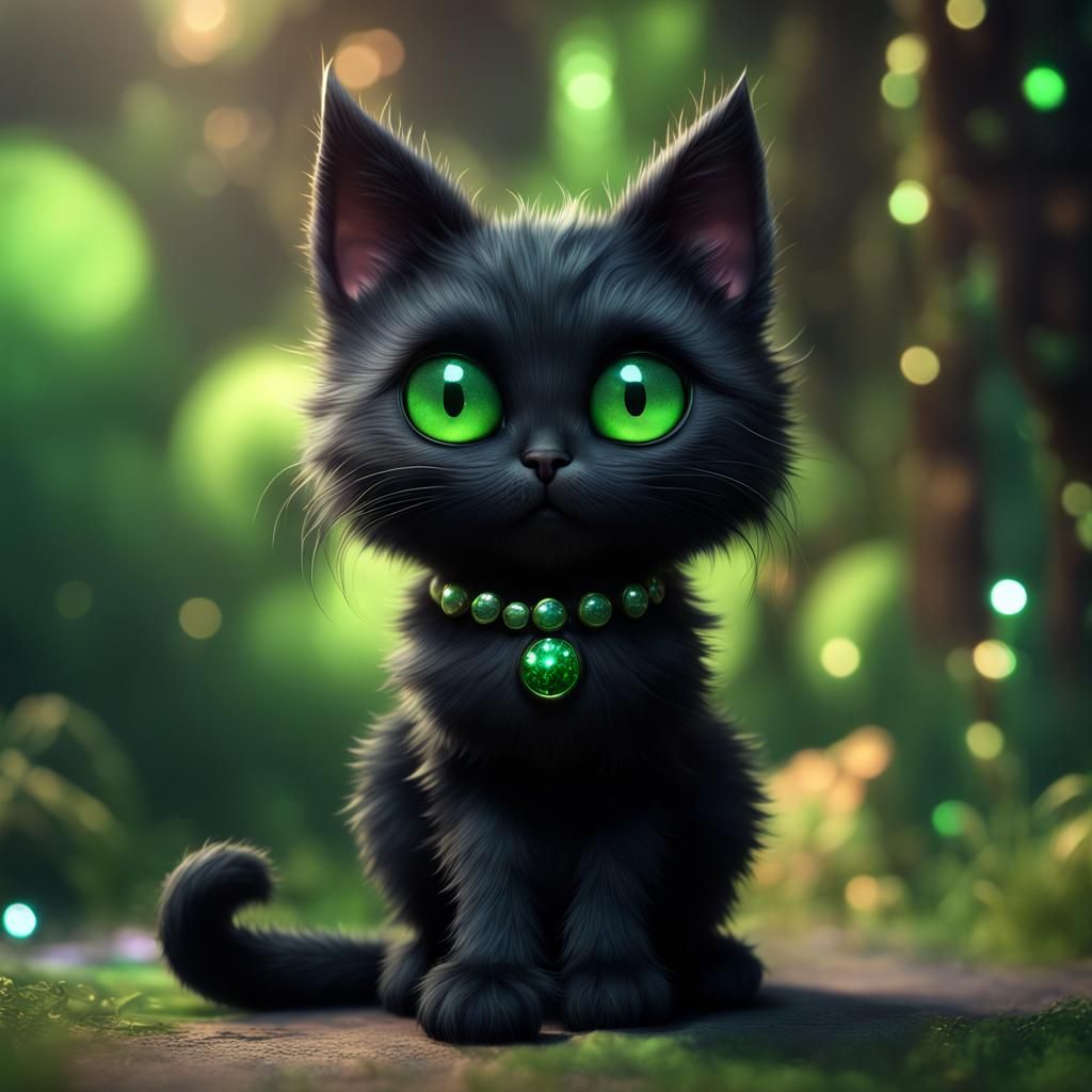 Fluffy Black Cat with Green Eyes, Fantasy Art