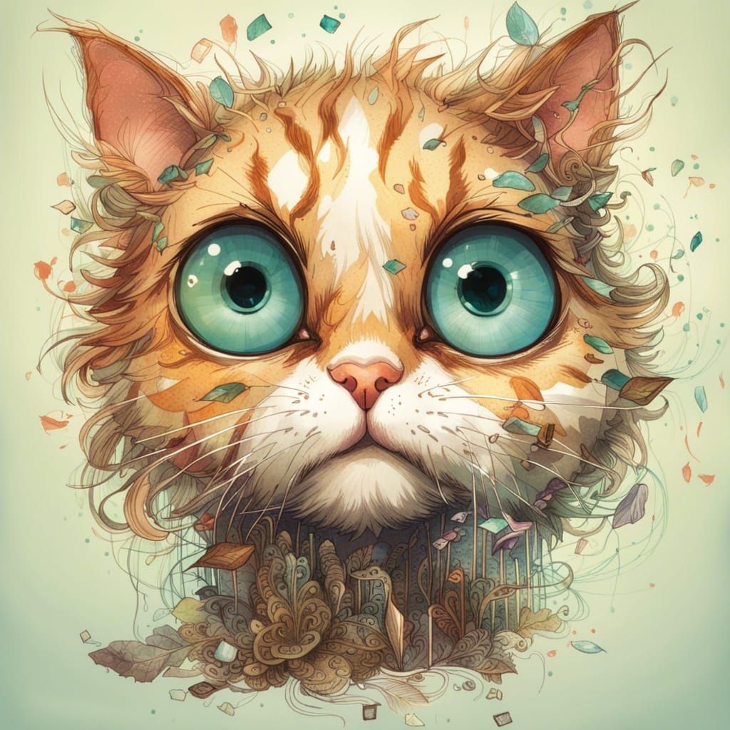 Adorable Big-Eyed Cat in Whimsical Digital Art