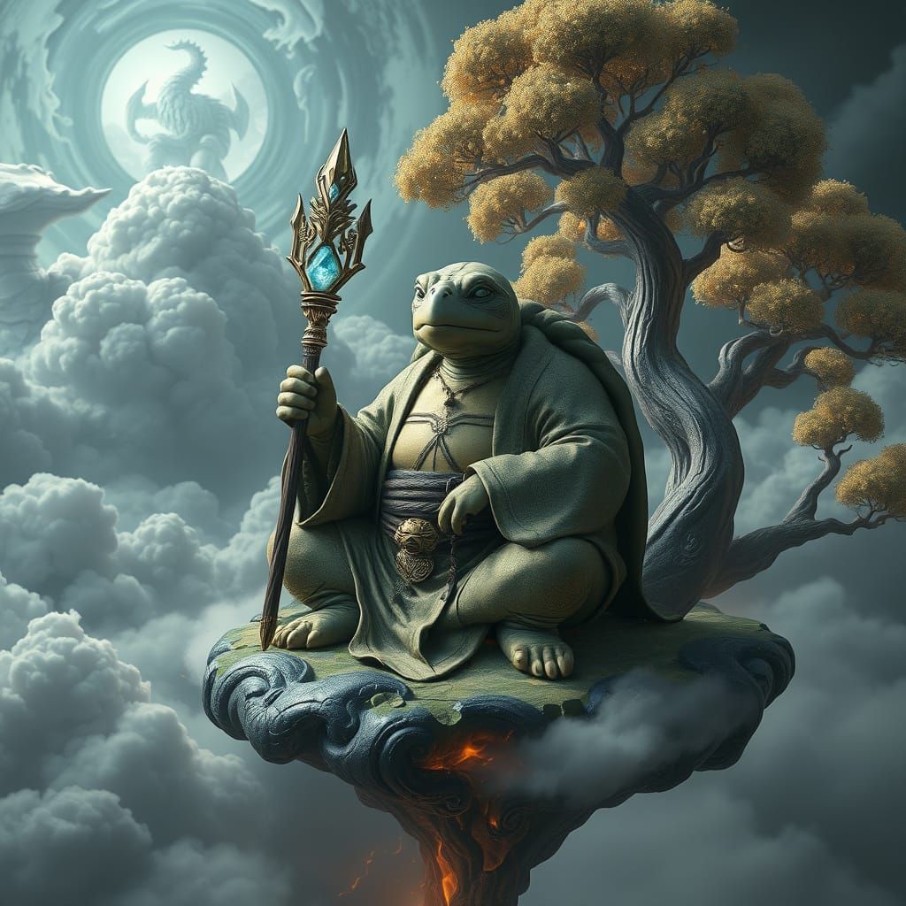 Tortoise Sage on Floating Island, Cinematic Style