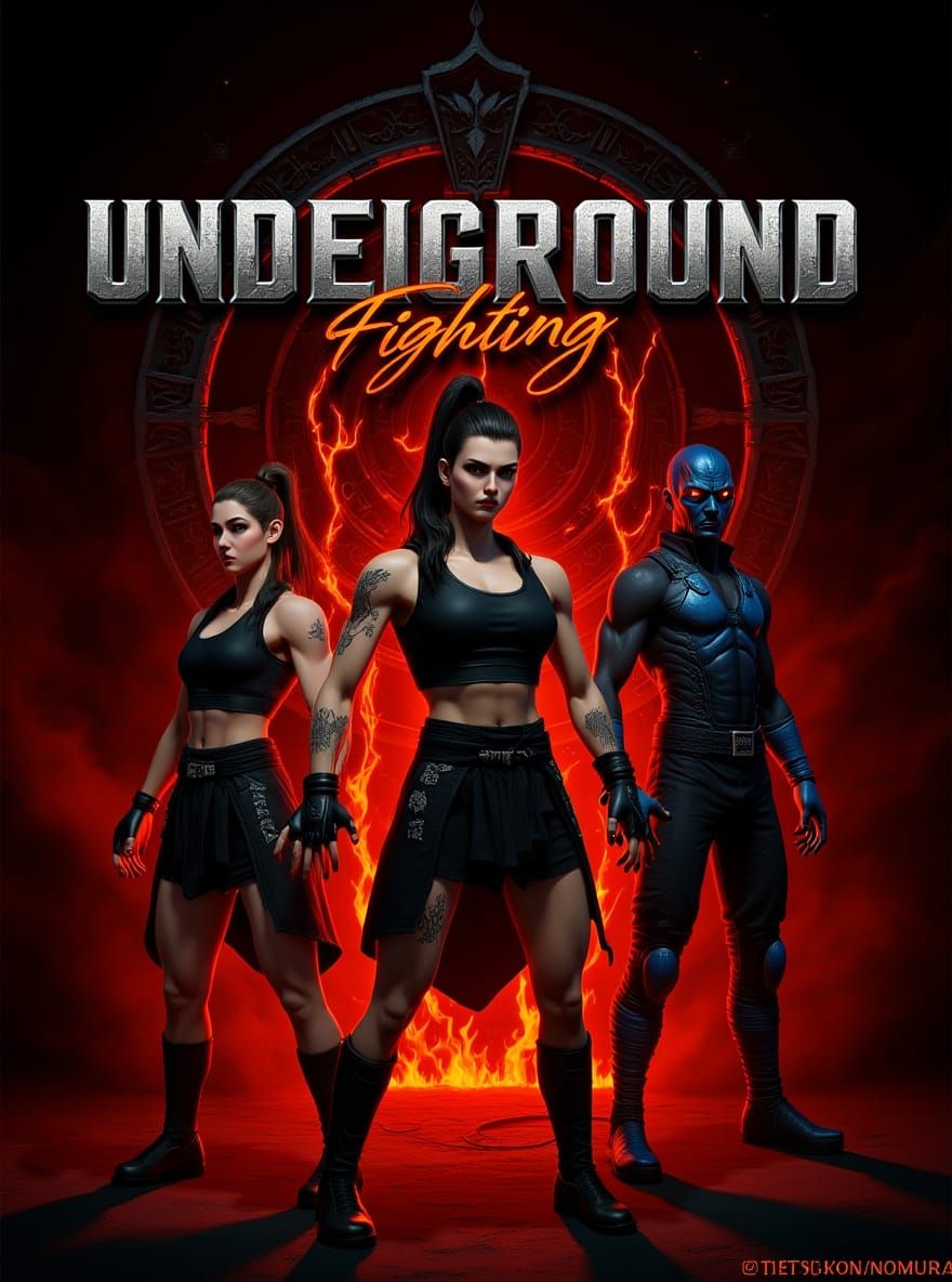 Cyberpunk Brawlers Guard Underground Gate in Fiery 3D Style