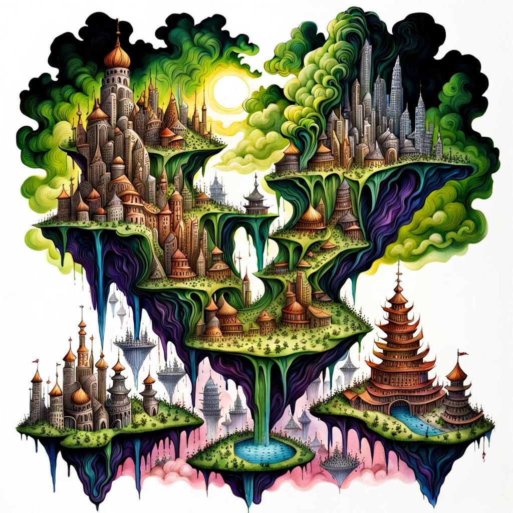 Floating Alien City Kingdom in Surrealist Style