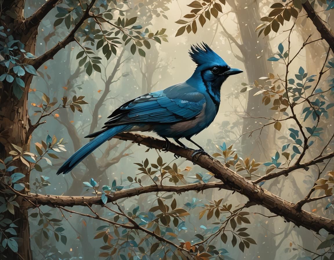 Stellars jay bird in a treetop. Rococo pattern. in a hyperde...