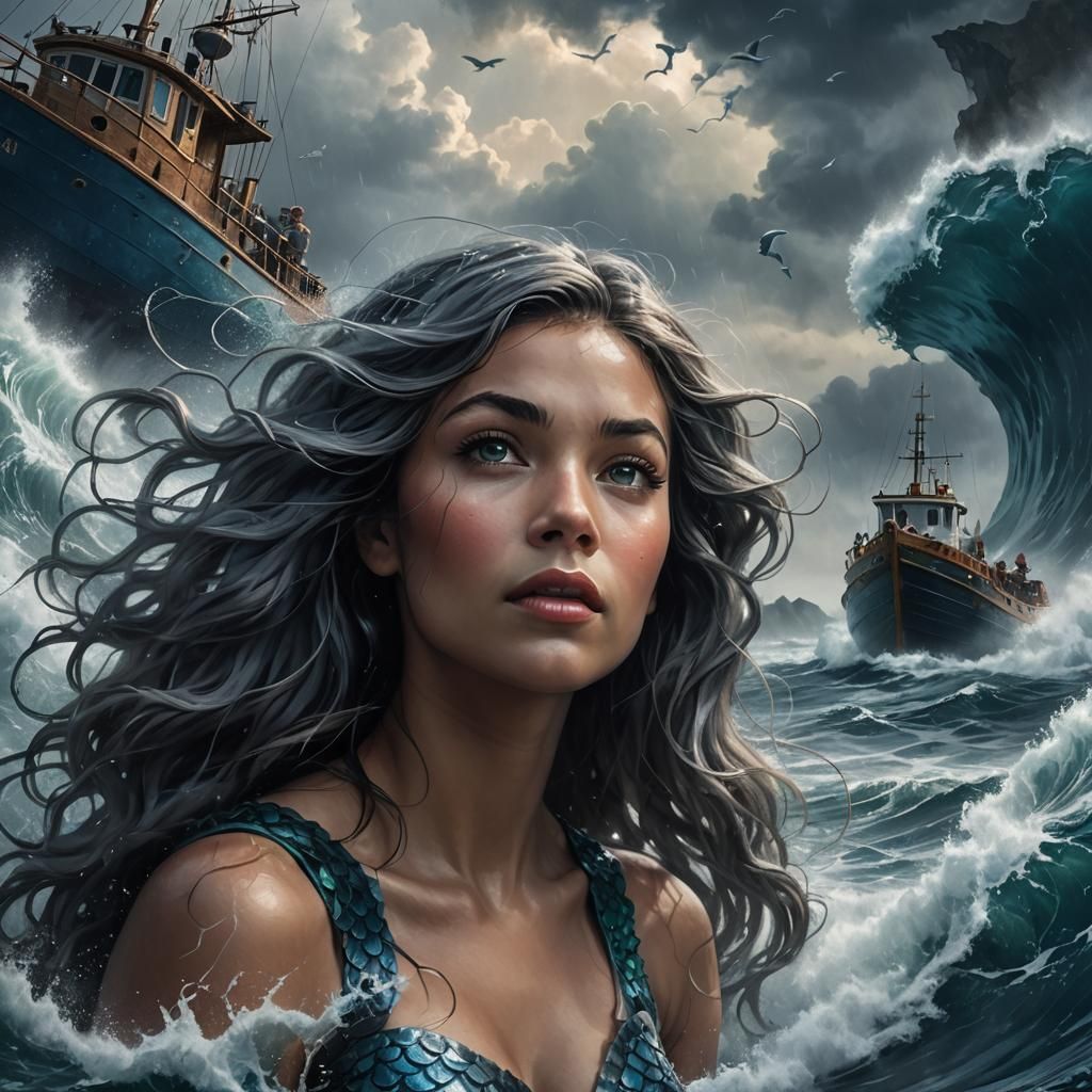 Mermaid Observes Stormy Seas in Digital Painting
