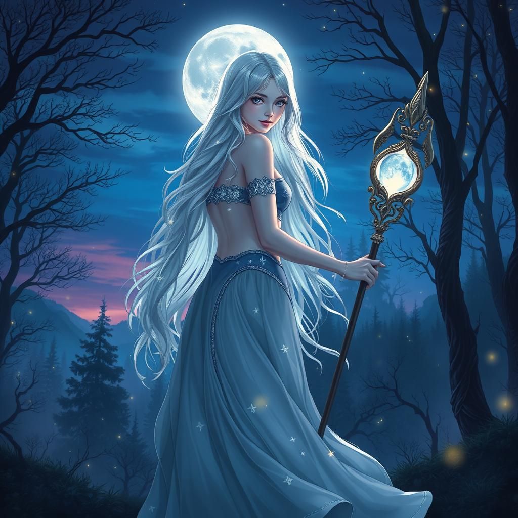Moon Goddess Elara in Enchanted Forest, Digital Art