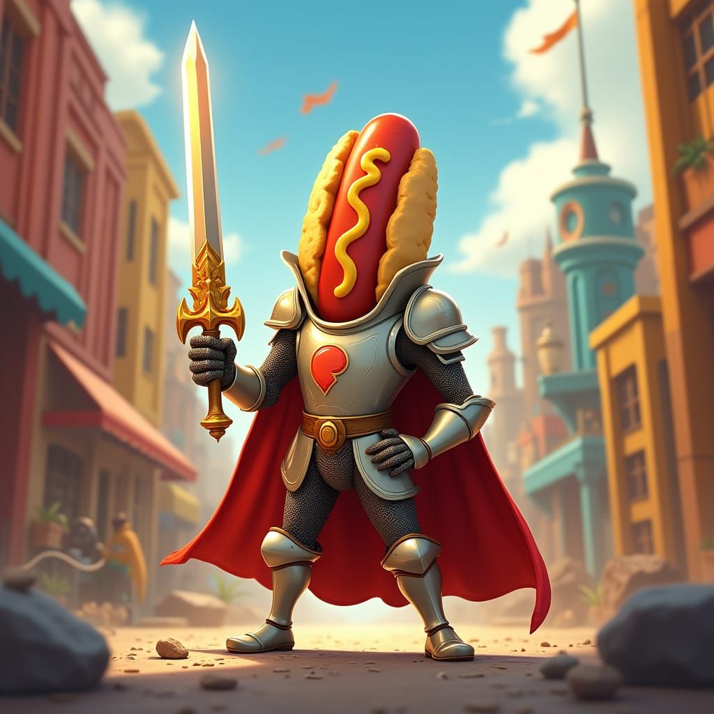 Gallant Hot Dog Knight in Vibrant Cityscape