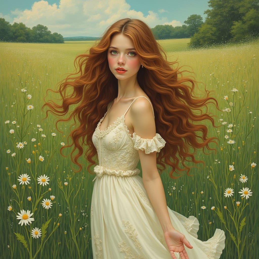 Elegant Woman in Irish Meadow, Art Nouveau Style