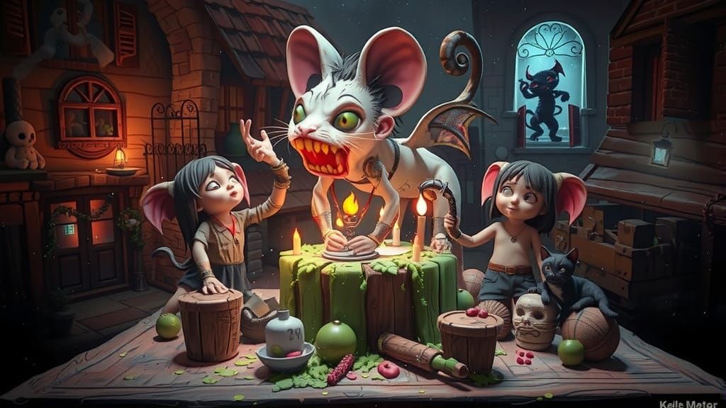 Witch Flying Over Village Under Starry Night