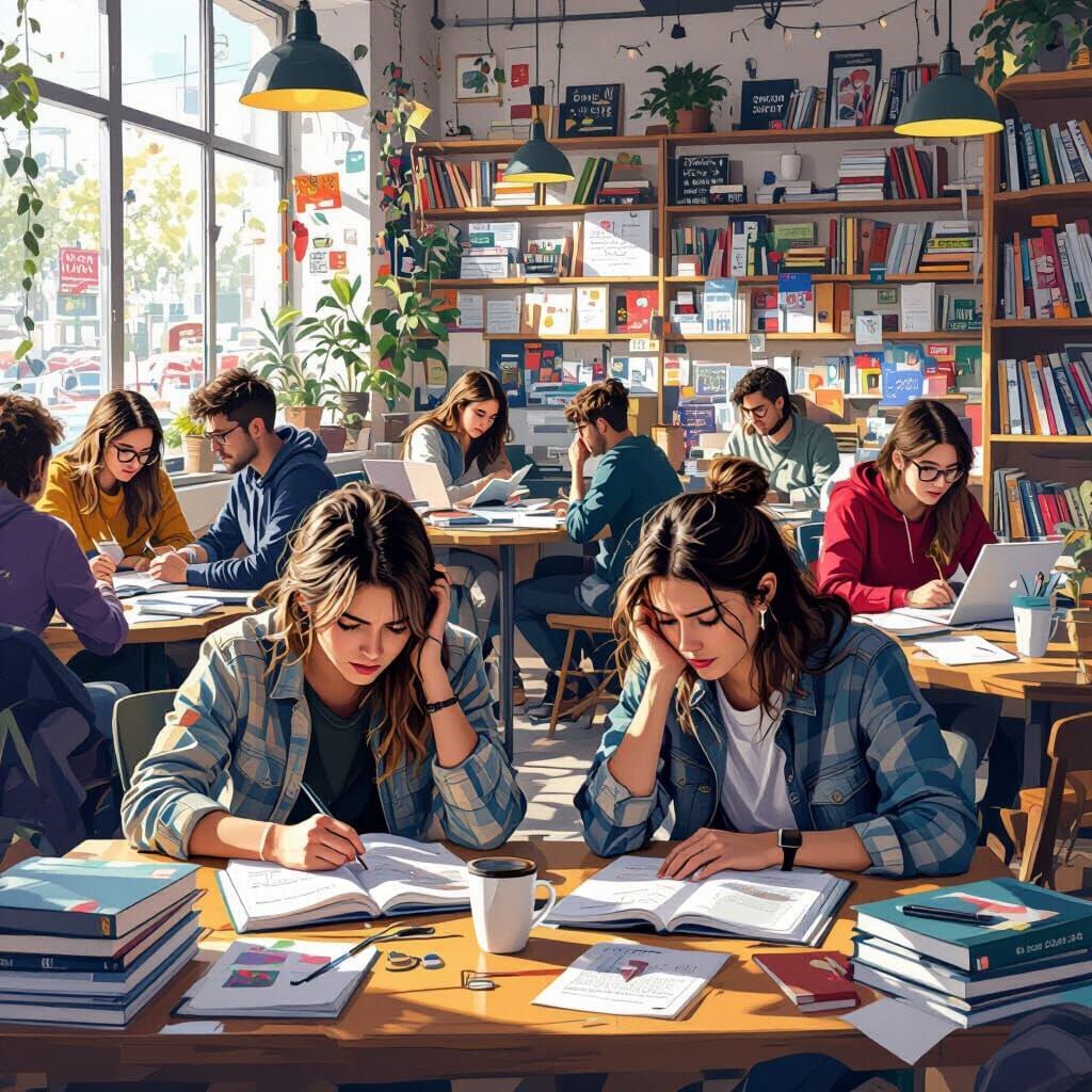 Frustrated Students Study in Chaotic Coffee Shops and Dorms