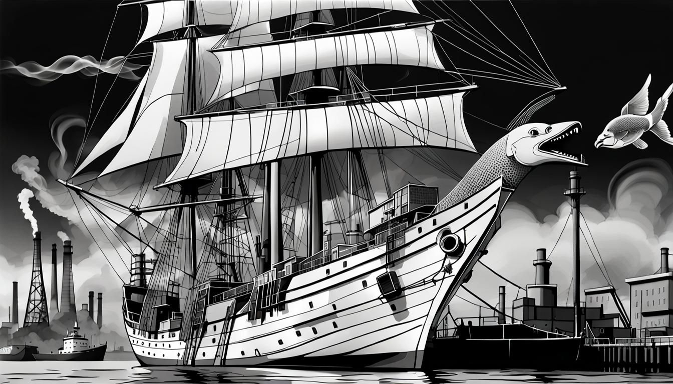 Seagull with Fish in Industrial Port: Wireframe Art