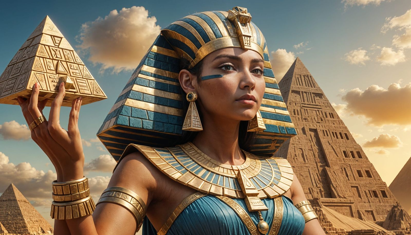 Hyperrealistic Cleopatra Gazing at Pyramid Model