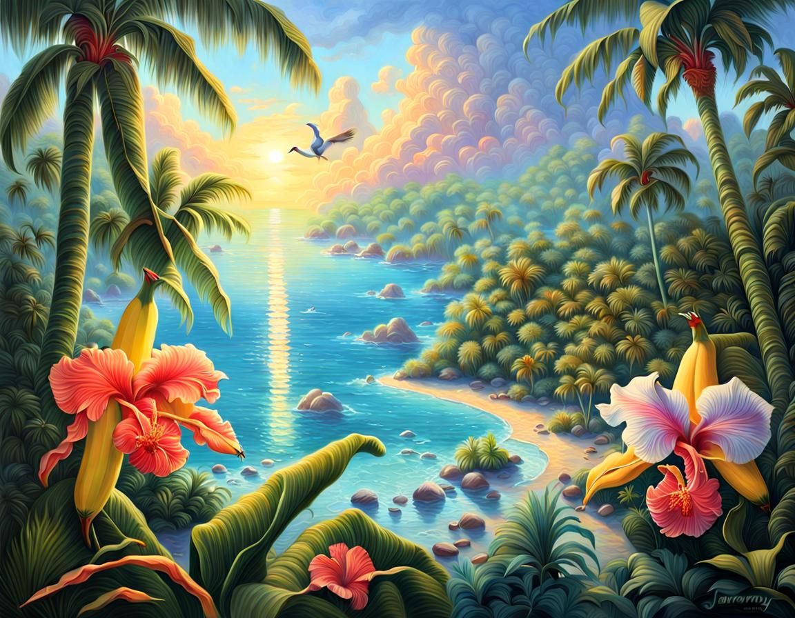 Hyperrealistic Tropical Island Paradise with Exotic Flora