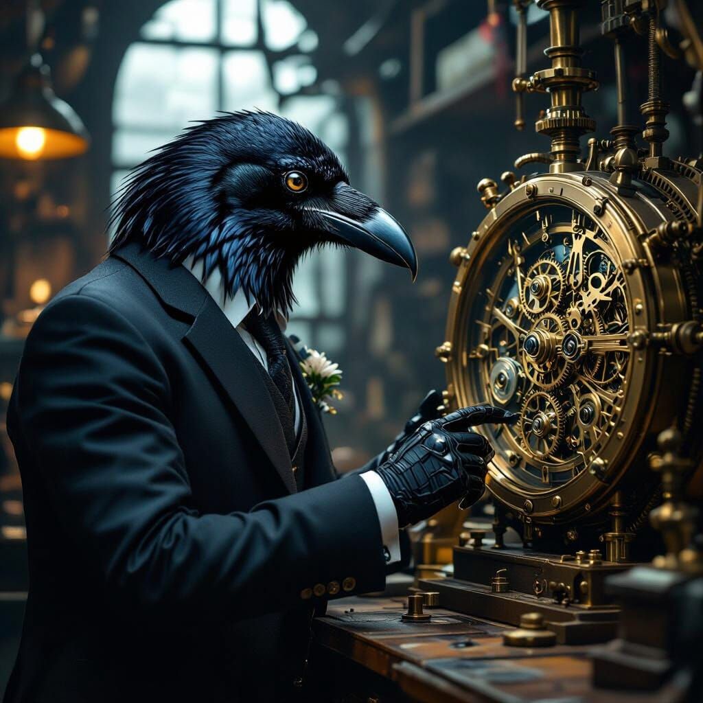 Digital painting. Medium shot. An anthropomorphic raven in a...