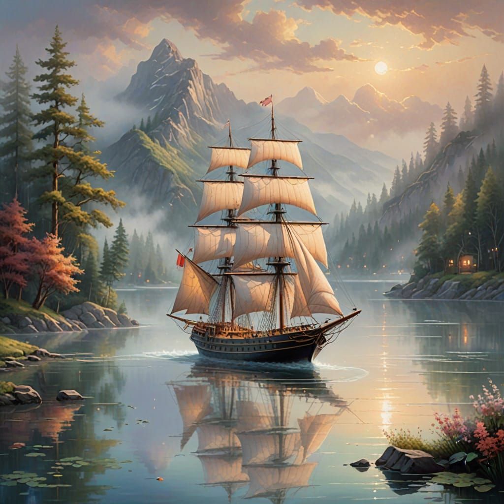 Majestic Ship in Serene Lake Landscape, Dreamy Oil Painting ...