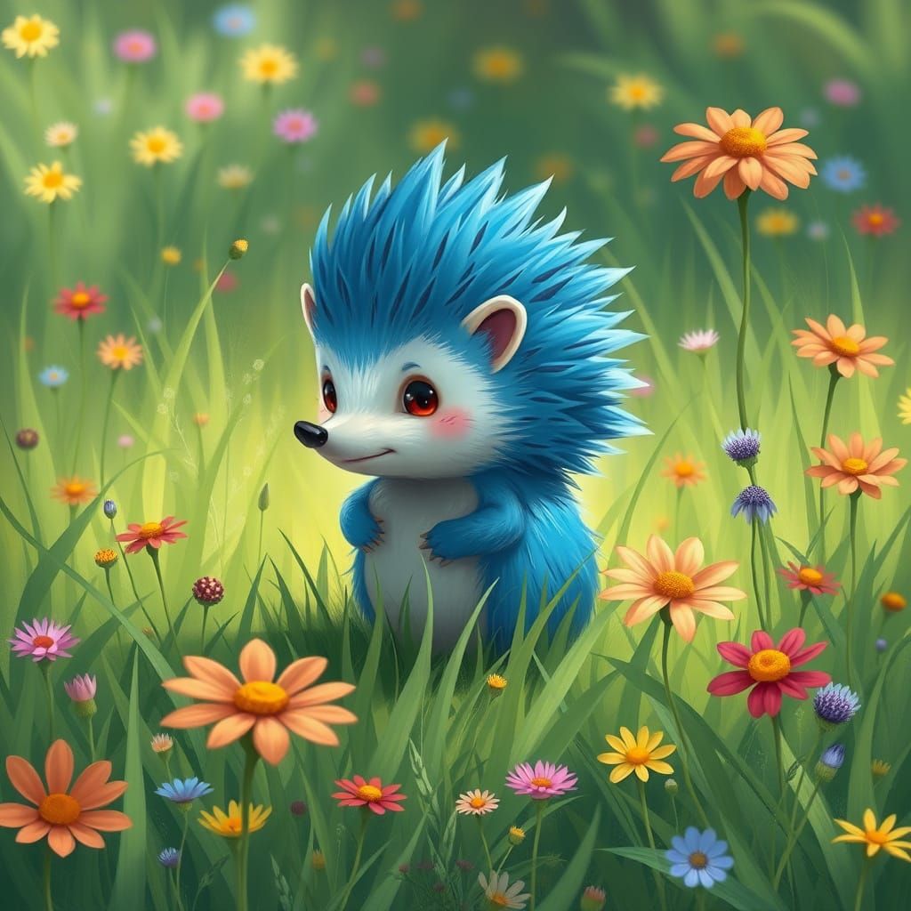 Blue Hedgehog in Meadow, Digital Painting Style