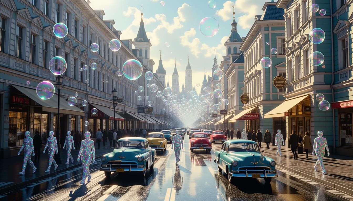 Surreal City Made of Iridescent Soap Bubbles