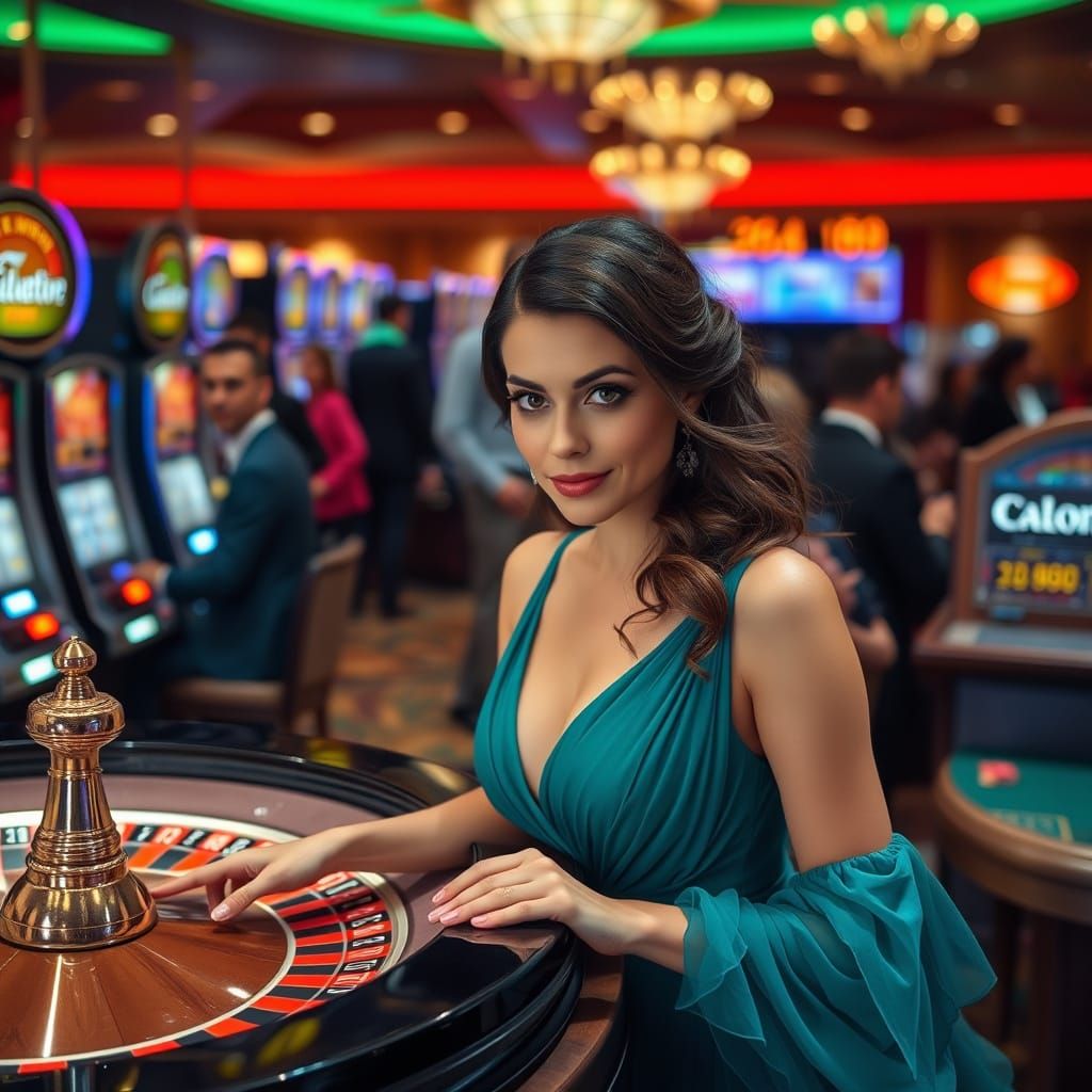 Elegant Woman Bets at Casino Roulette Table