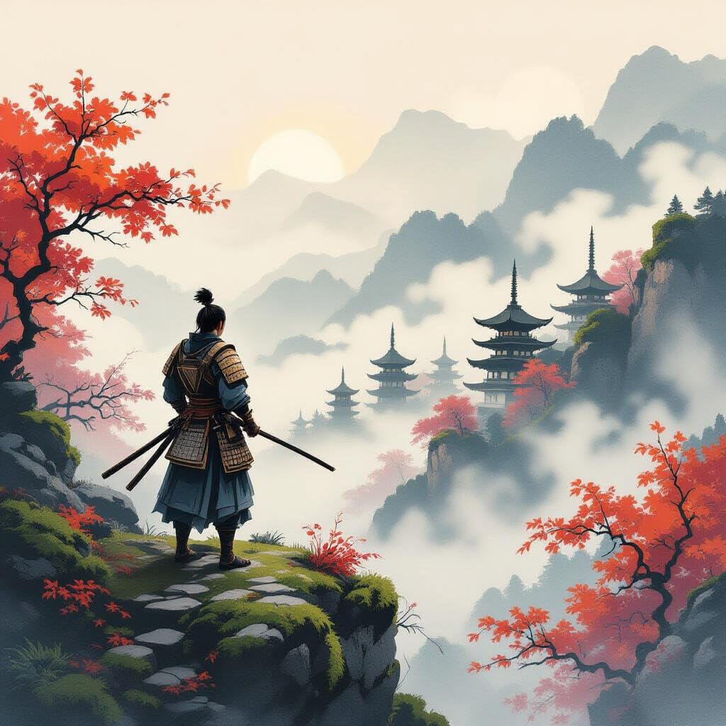 Samurai Warrior Overlooking Misty Valley in Autumn