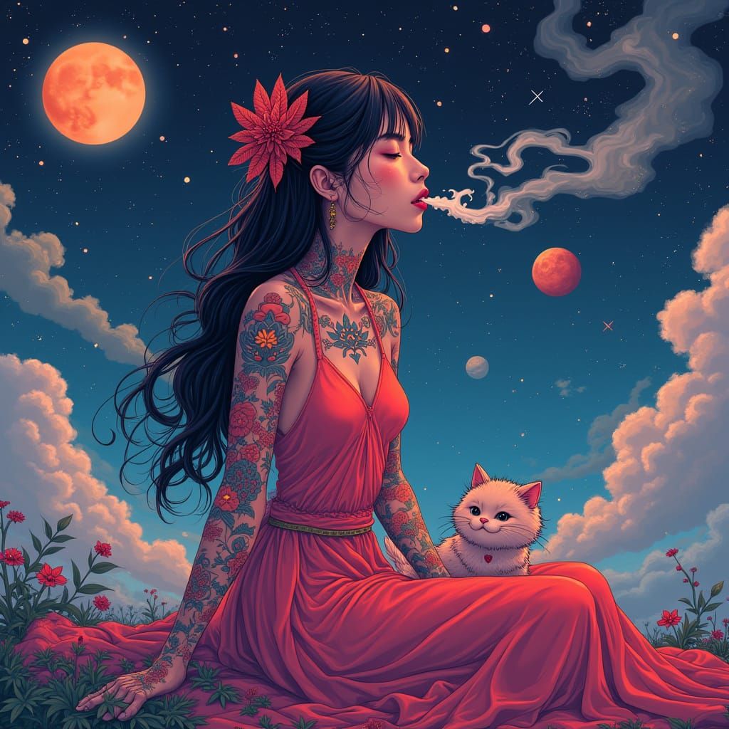 Anime Goddess with Dragon Pet in Dreamscape