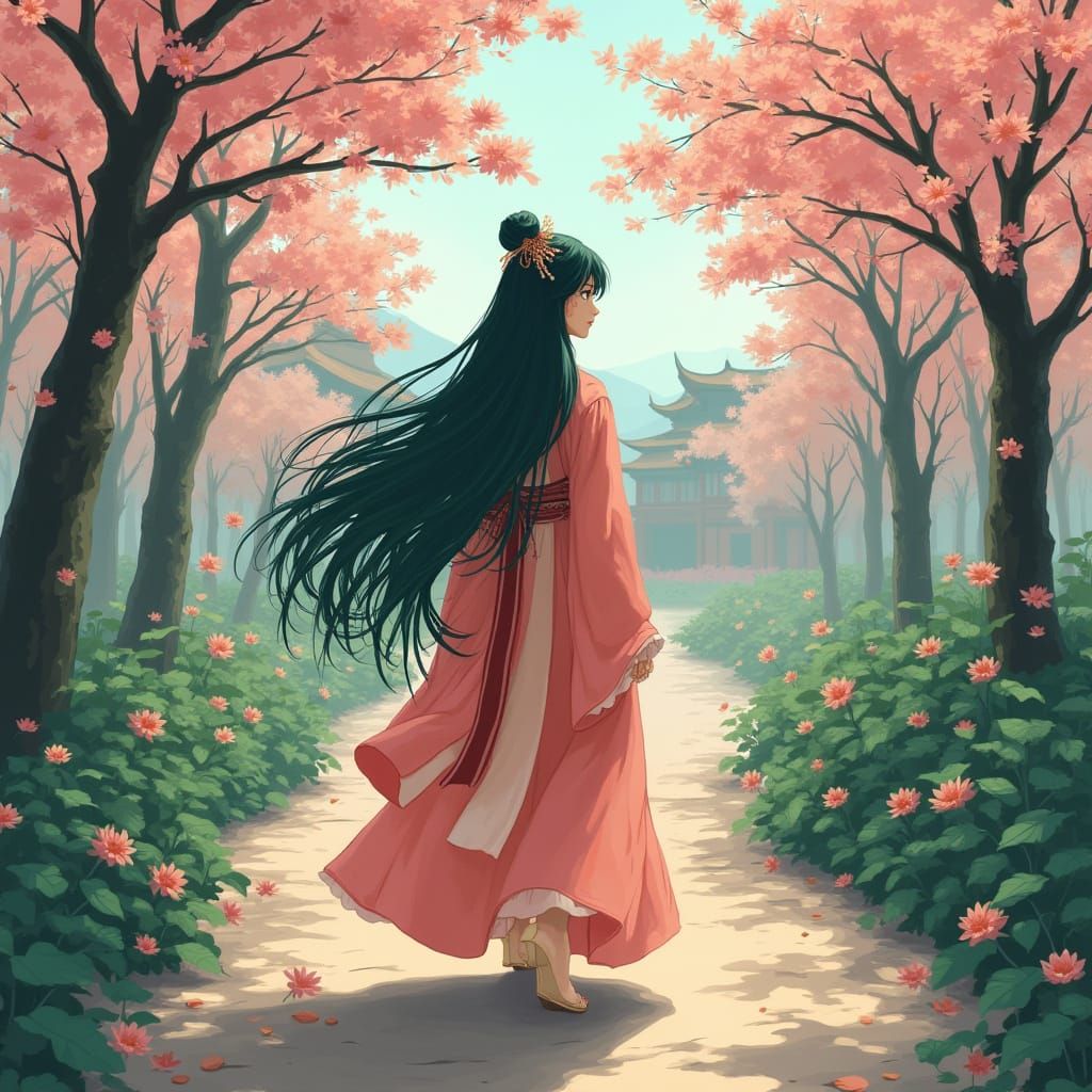Ancient Chinese Maiden Amidst Forbidden City's Blossoming Li...