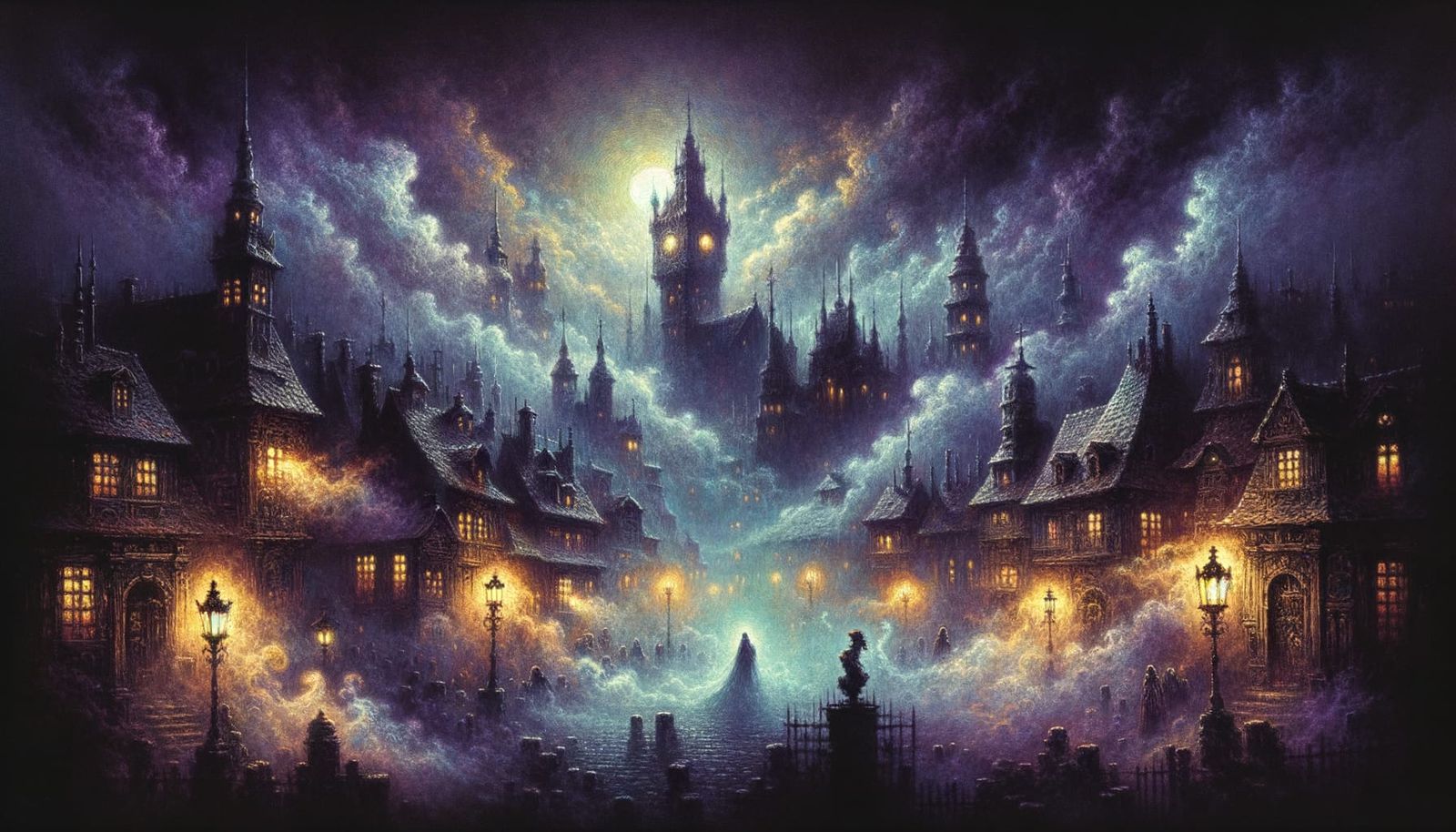 As darkness falls, the fog invades the medieval city like a ghost.