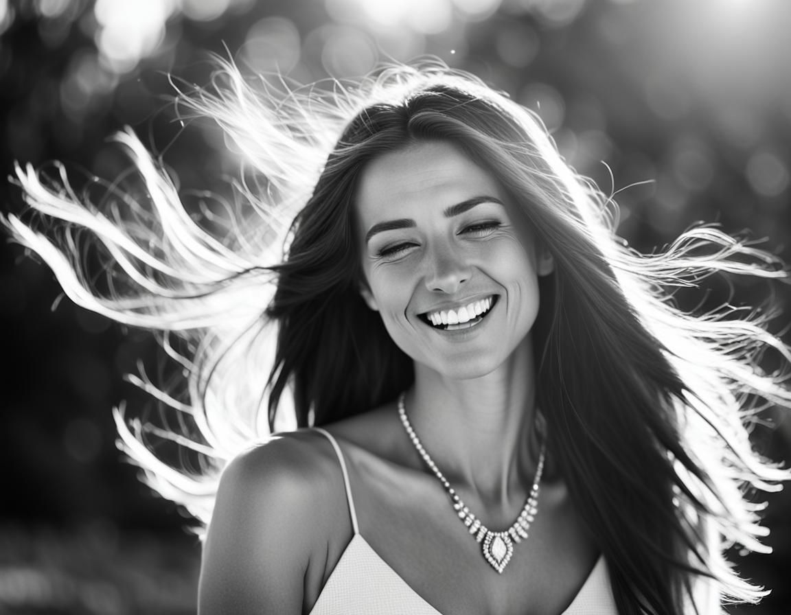 Ethereal Black and White Portrait of Woman with Blowing Hair