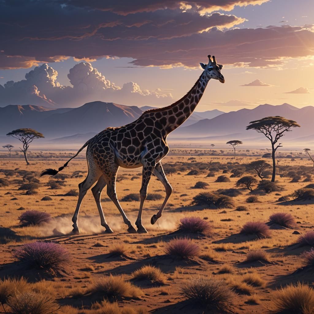 Giraffe Running on African Plains: Digital Matte Painting