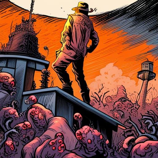 Zombie Apocalypse at Lookout Tower in Comic Art Style