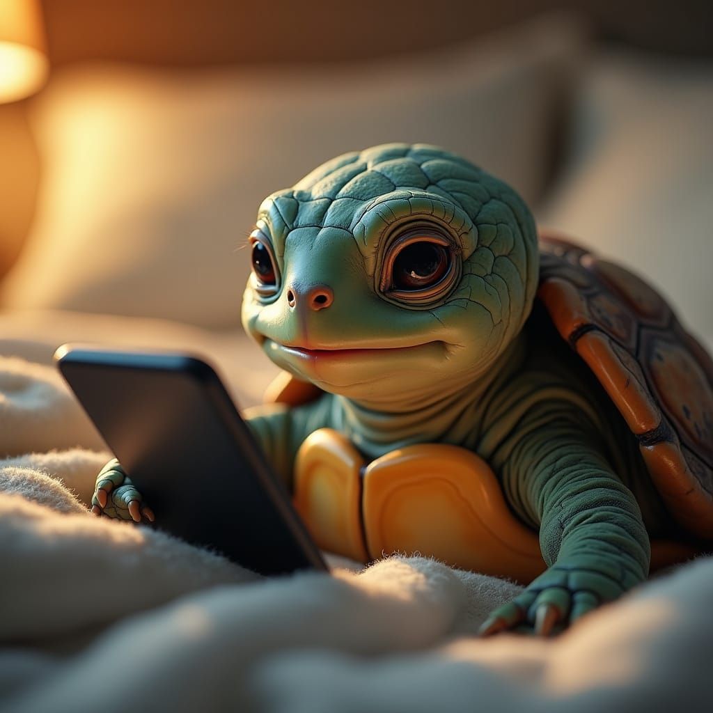 Baby Turtle Stares at Cell Phone: Photorealistic Image
