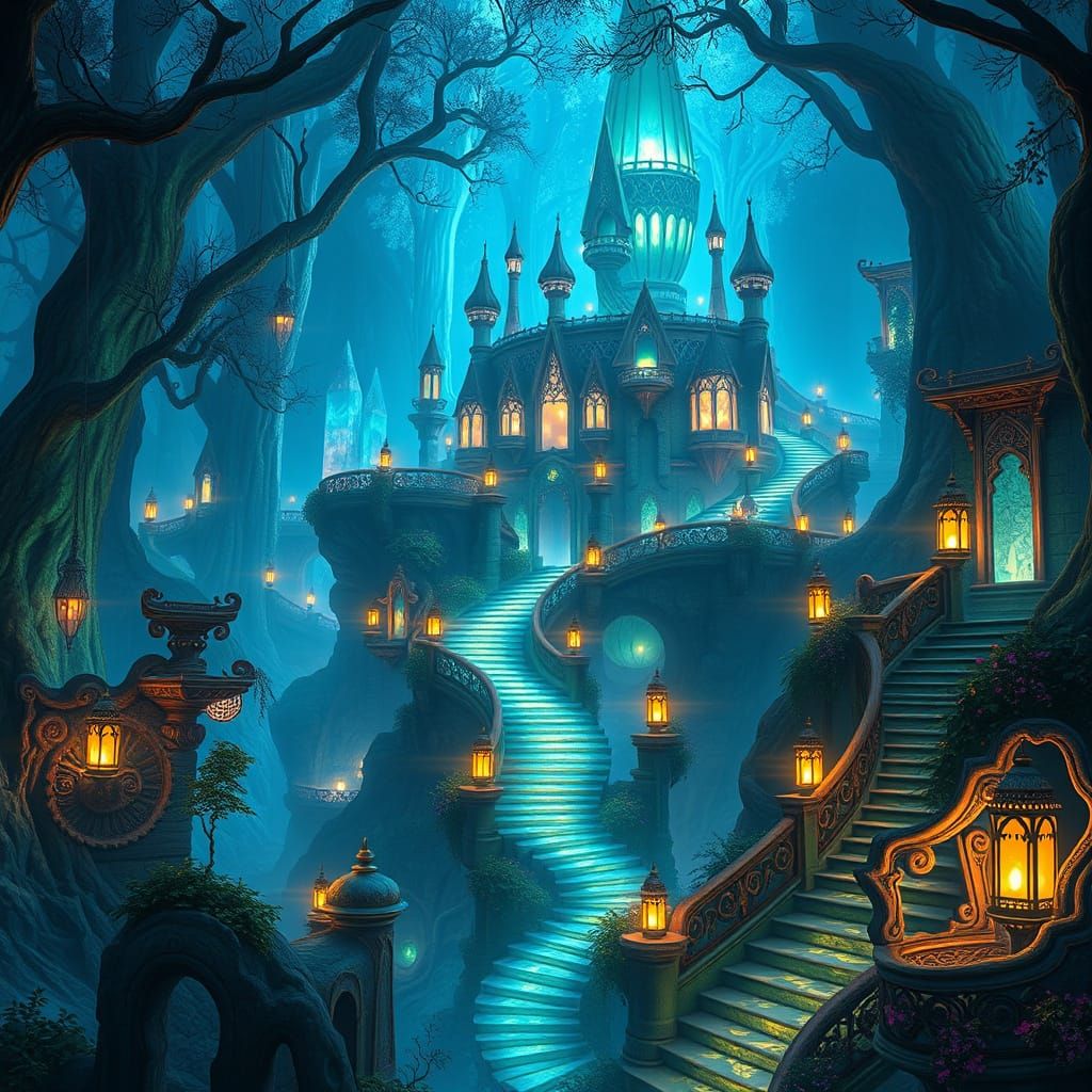Enchanted Elven Metropolis in Vibrant Bioluminescent Forest