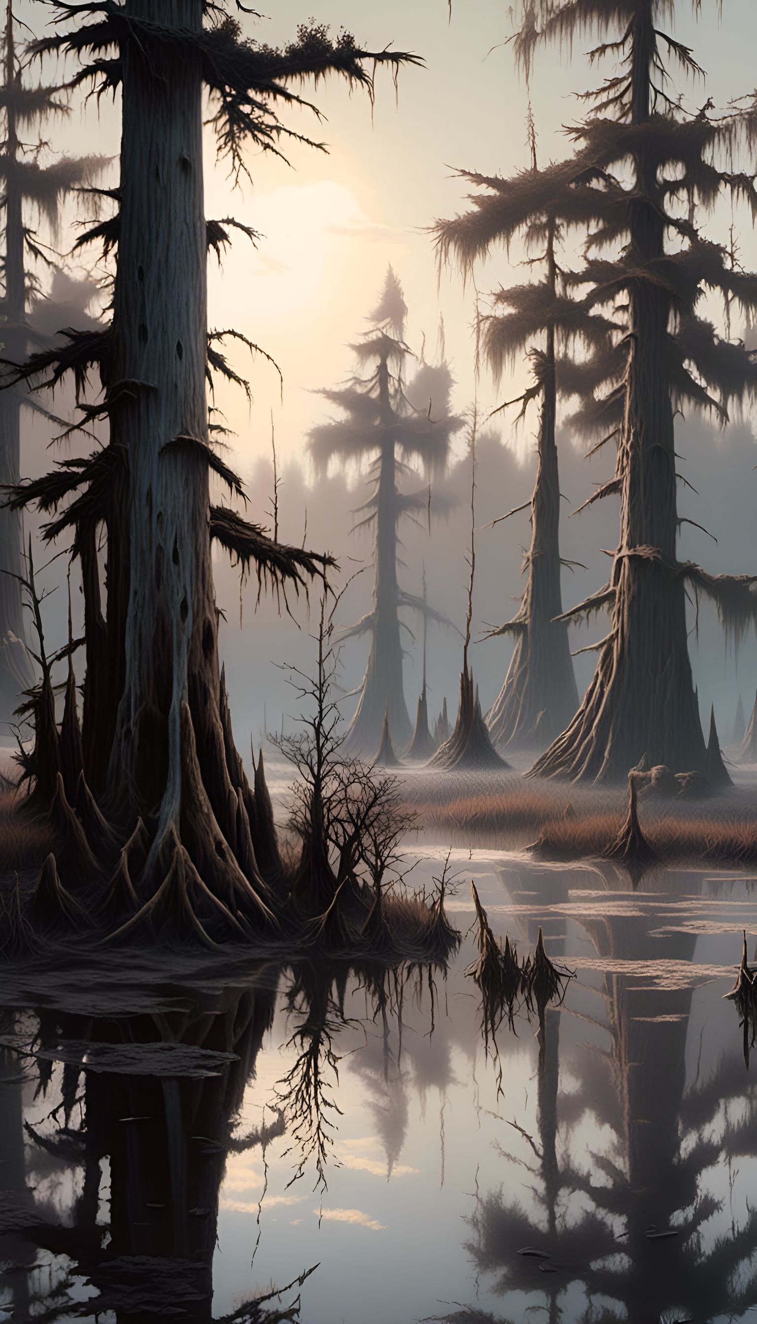 Fantastical Cypress Trees in Marsh with Ukiyo-e Lighting
