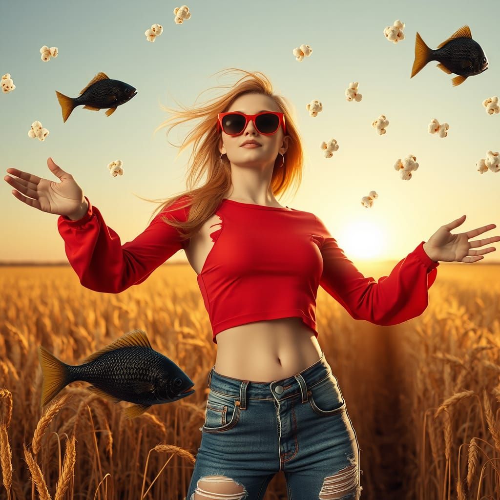 Blonde in Wheat Field with Flying Fish, Hyperrealism
