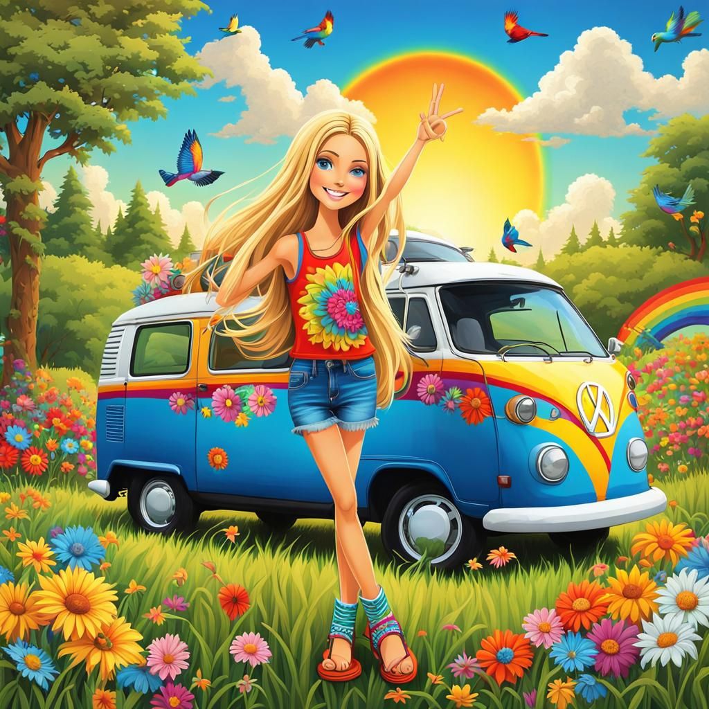 Whimsical Cartoon Hippie Girl with Volkswagen Van