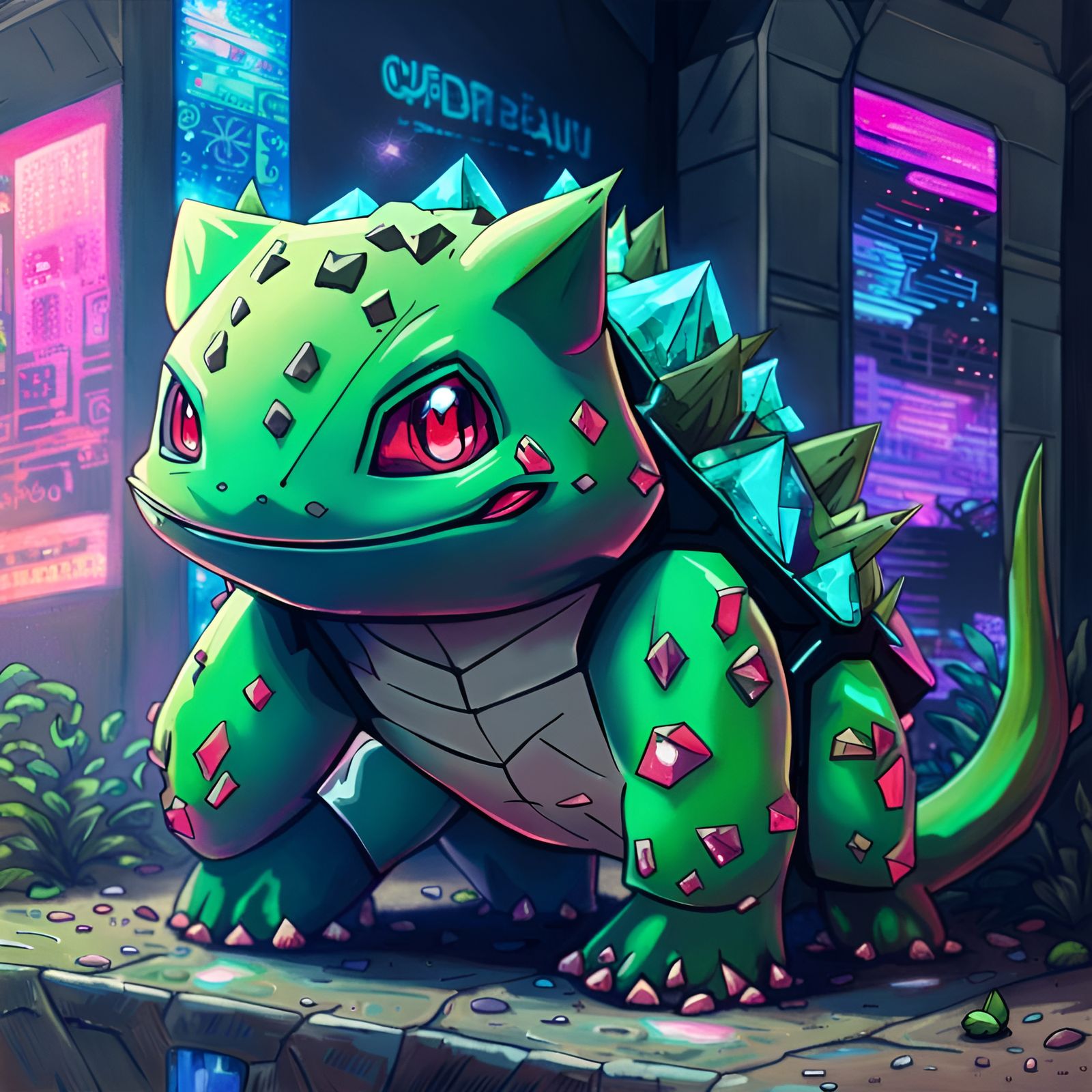 Crystalline Bulbasaur with Cyberpunk Background