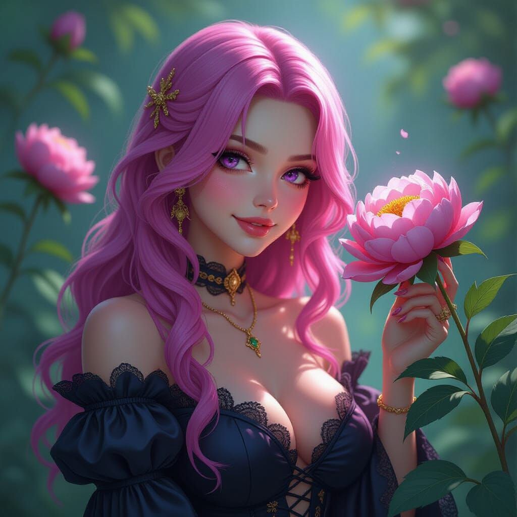 Gothic Beauty Tends a Blooming Peony, Dark Fantasy Art
