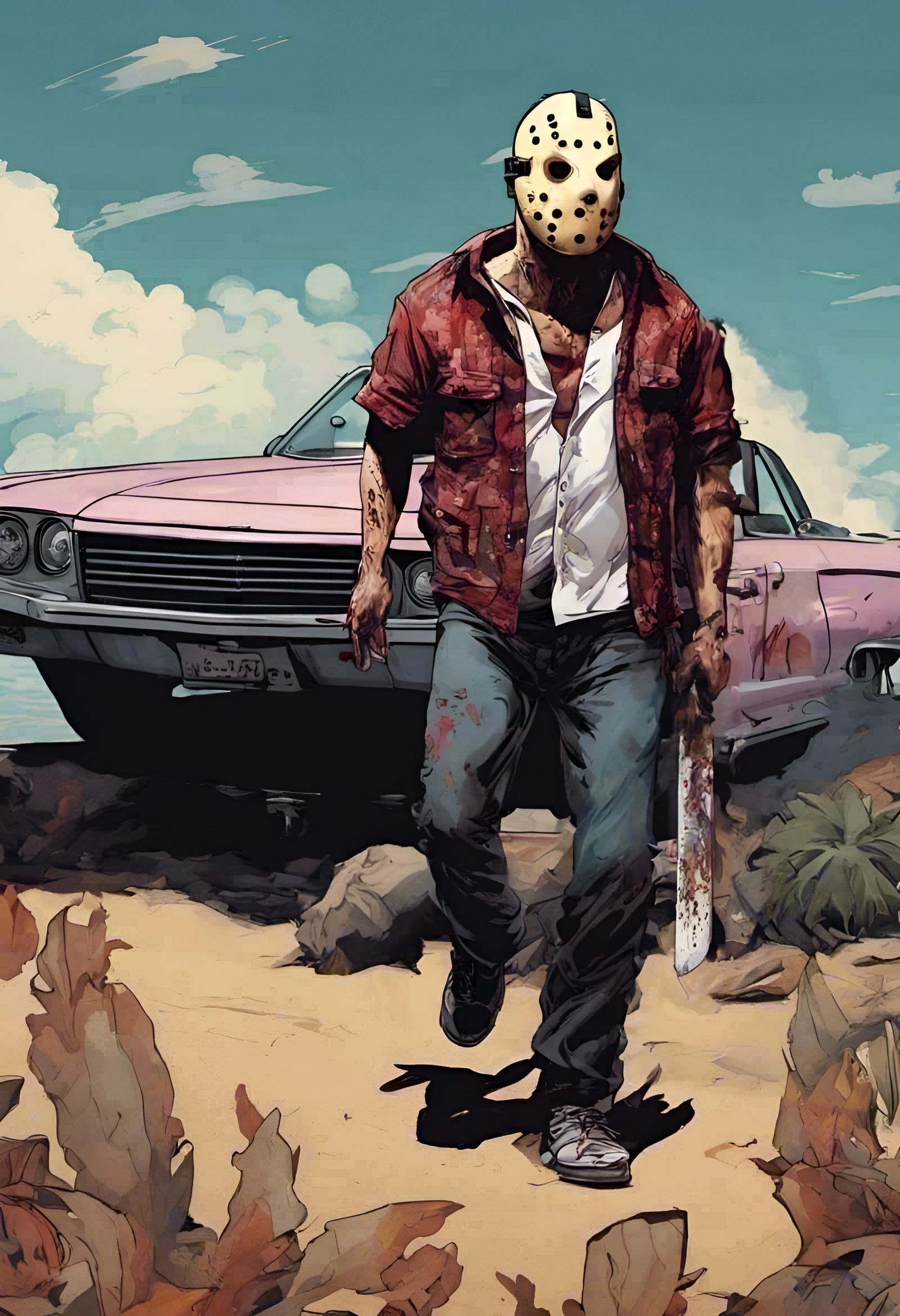 Jason Vorhees' Beachside Ride: Hyperdetailed Digital Art