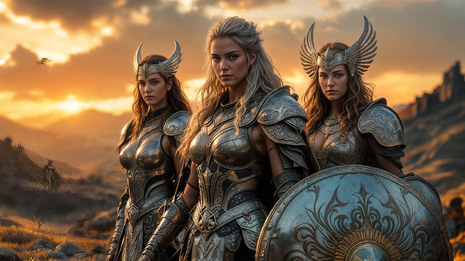 Valkyrie Queen in Opulent Armor Leads Elite Warrior Troop