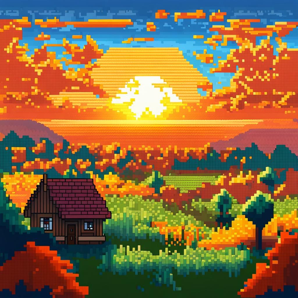 Sunrise Over Poland in Pixel Art Style