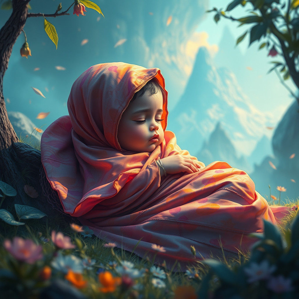 Ethereal Neonato in a Lush Fantasy Landscape
