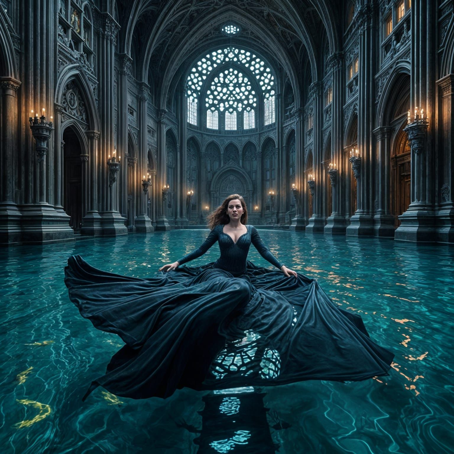 Hyperrealistic Woman Swimming in Mercury