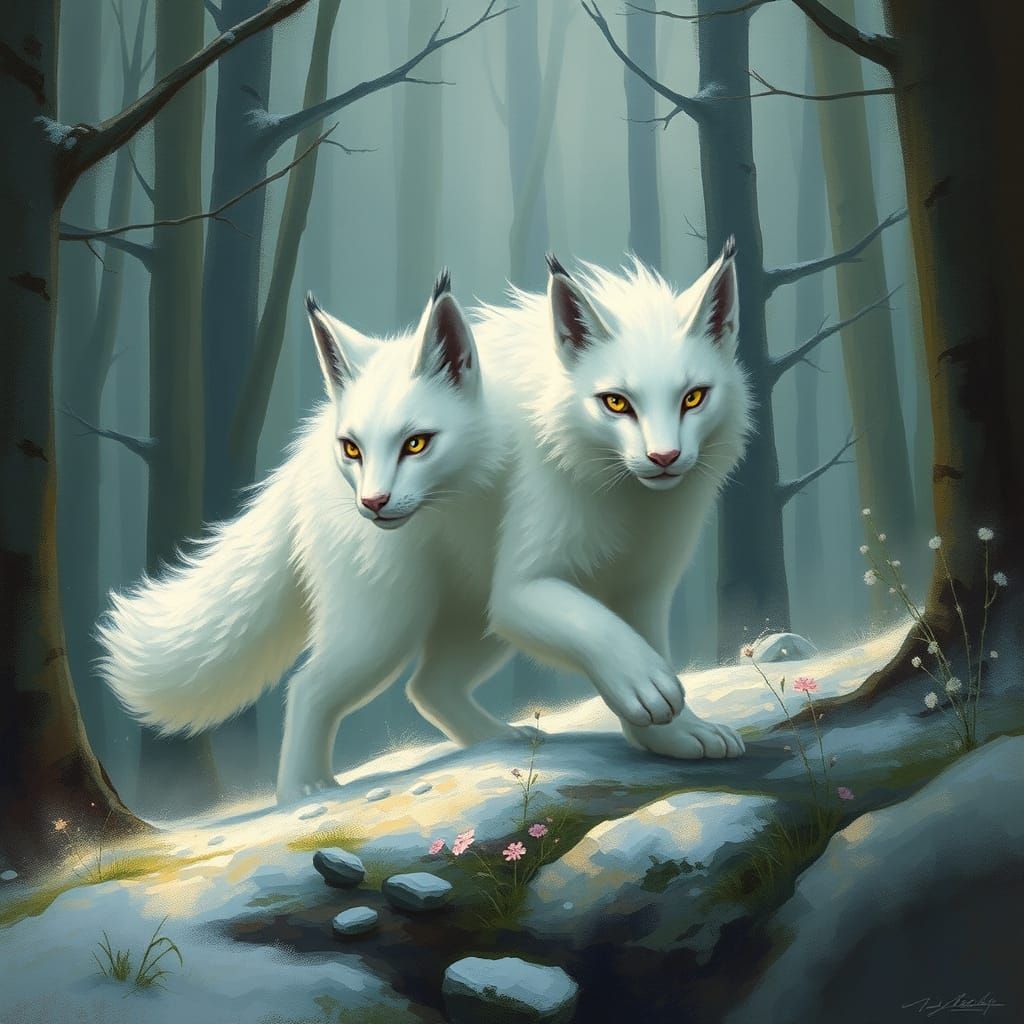 White Fynx in Mystical Forest, Digital Painting Style