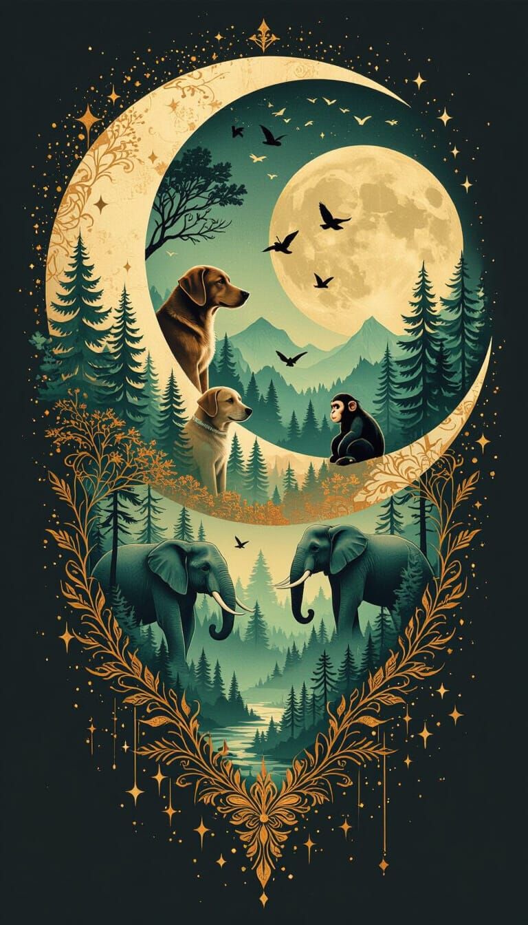 Vertical Tattoo Art: Moon with Forest & Wildlife