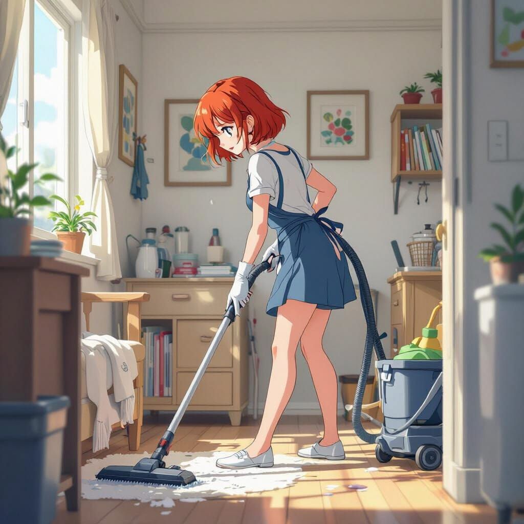 Anime Woman with Red Hair Cleaning Room