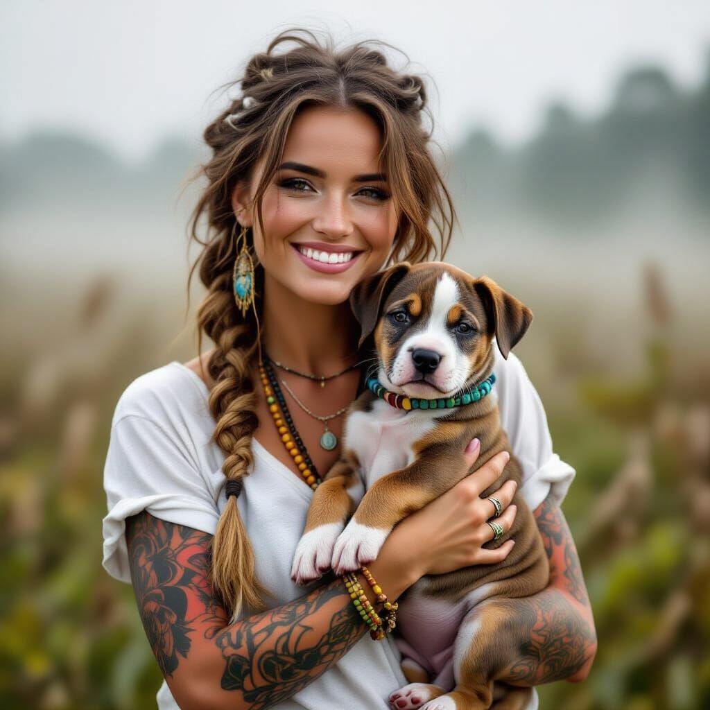 Boho Woman with Joyful Pitbull Puppy in Misty Background