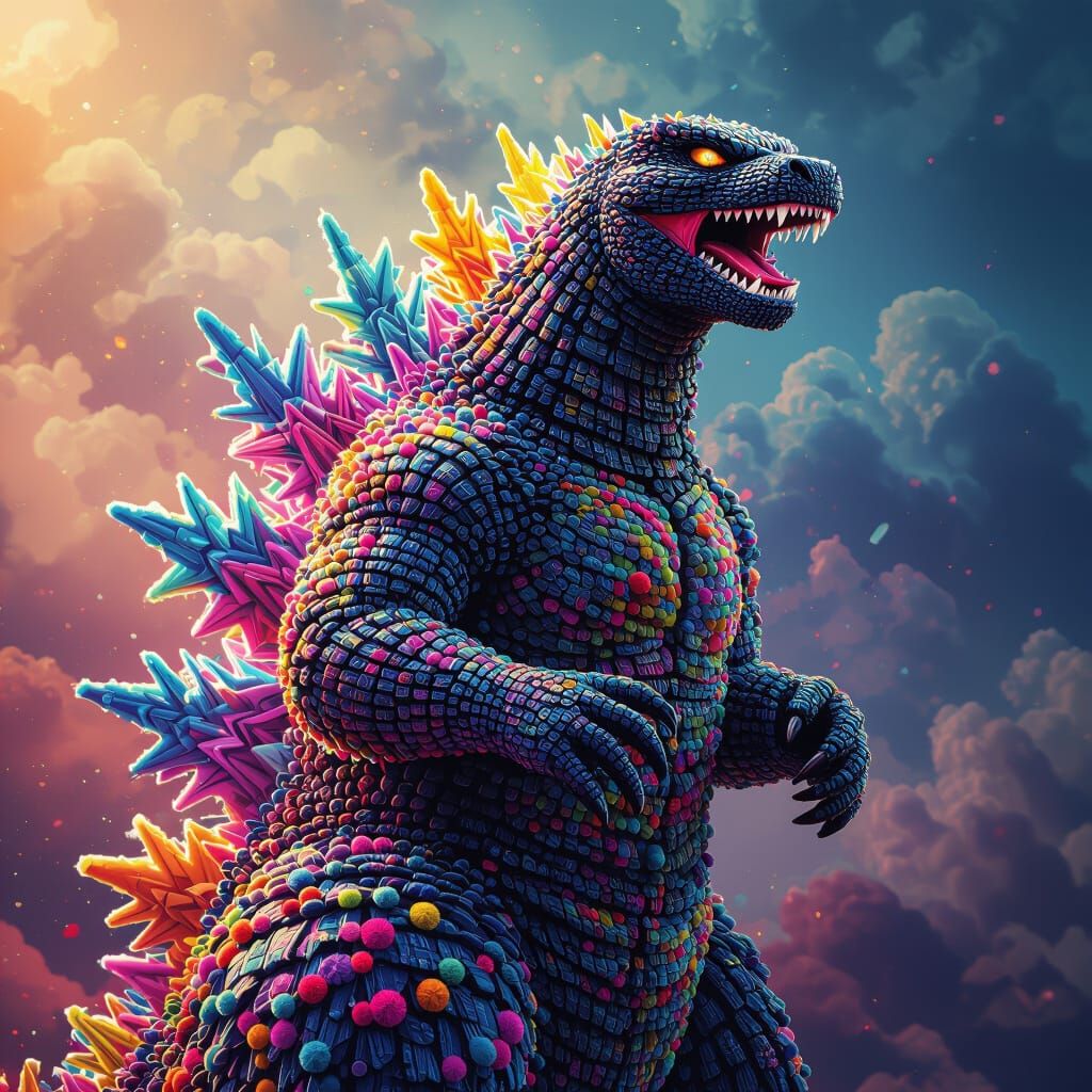 Godzilla Made of Pom Poms in Pop Art Style