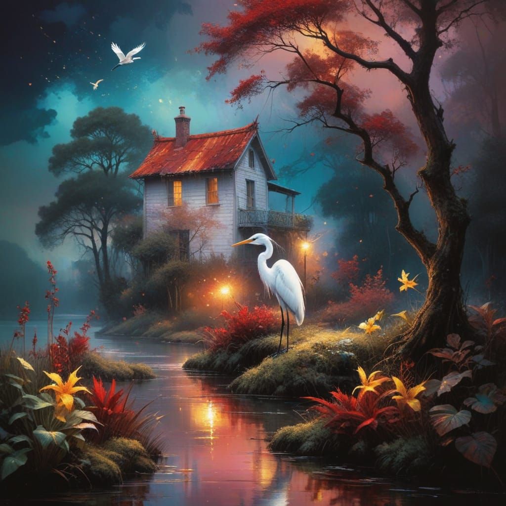 Surreal Egrets on the Lake in Smudged Grunge Palette